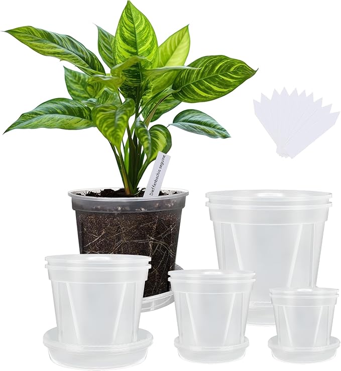 Clear Nursery Pots for Plants with Drainage Holes, 4/5/6/7 Inch Transparent Plastic Plant Pots, 8 Pack Reusable Garden Seed Starter Pots with Trays and 10 Plant Labels for Succulents, Herbs, Cactus