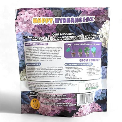 Happy Hydrangeas Fertilizer by Happy Nutrients - Premium 7-3-3 Powder with Micronutrients & Humic - Ideal for Hydrangeas, Azaleas, Rhododendrons, Camellias, Gardenias, and Magnolias - 12 oz