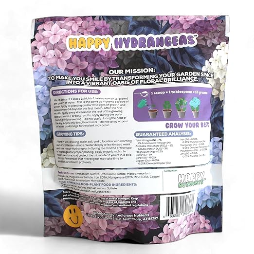 Happy Hydrangeas Fertilizer by Happy Nutrients - Premium 7-3-3 Powder with Micronutrients & Humic - Ideal for Hydrangeas, Azaleas, Rhododendrons, Camellias, Gardenias, and Magnolias - 12 oz