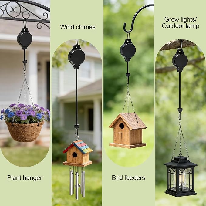 Retractable Plant Hanger with Pulley System, Effortless Raising and Lowering for Indoor and Outdoor Plants, Hanging Planters, Garden Pots & Bird Feeders (4-Pack,Black)