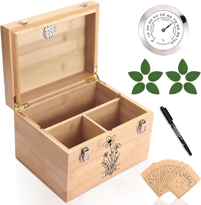 Professional-Designed Bamboo Seed Storage Box with Built-in Hygrometer, Double-Layer Airtight Lid and Safety Lock, Temperature-Stable Wooden Seed Organizer for Preservation, Great Gifts for Gardener