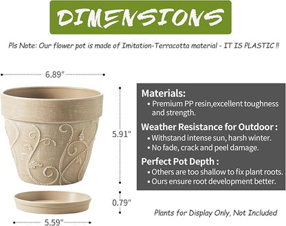 Melphoe Plant Pots Indoor with Drainage & Saucer, 2Pack 7 inch Flower Pots Outdoor Planters for Indoor Plants Garden Home Decor Cactus Succulent, Rigid Plastic (Imitation-Terracotta) Vine-Embossed