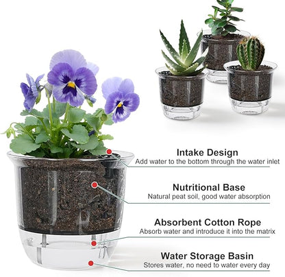 Self Watering Pots, 3 Pack 4 Inch Clear Plant Pot Self Watering Planter Flowers Pot with Deep Reservoir for Indoor Plants (3 Small)