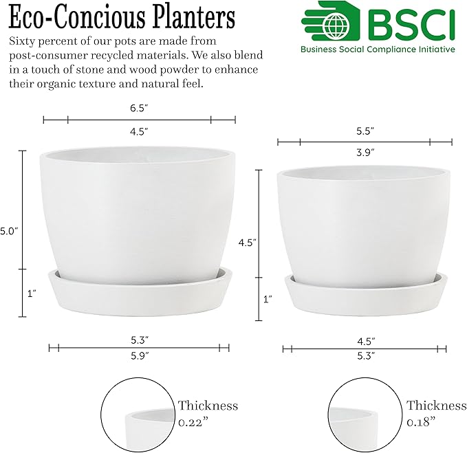UNBREAKABLE Plant Pots Set of 2, Advanced Eco-Poly Planters with Drainage & Saucers, 6.5" + 5.5" Plastic Pots - Designer Indoor & Outdoor Décor and a Great Gift for Plant Lovers - Ventura Mist White