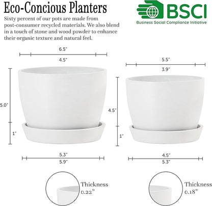UNBREAKABLE Plant Pots Set of 2, Advanced Eco-Poly Planters with Drainage & Saucers, 6.5" + 5.5" Plastic Pots - Designer Indoor & Outdoor Décor and a Great Gift for Plant Lovers - Ventura Mist White