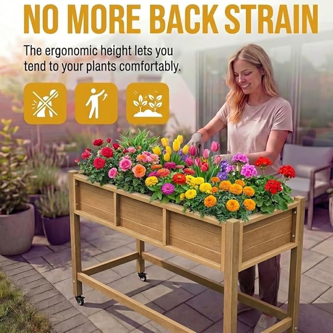 DWVO 47x18x31in Raised Garden Bed HDPE, Weather-Resistant Poly Wood Planter Box Stand, Planter Box with Legs & Lockable Wheels, Elevated Garden Bed for Backyard Patio Balcony - Brown