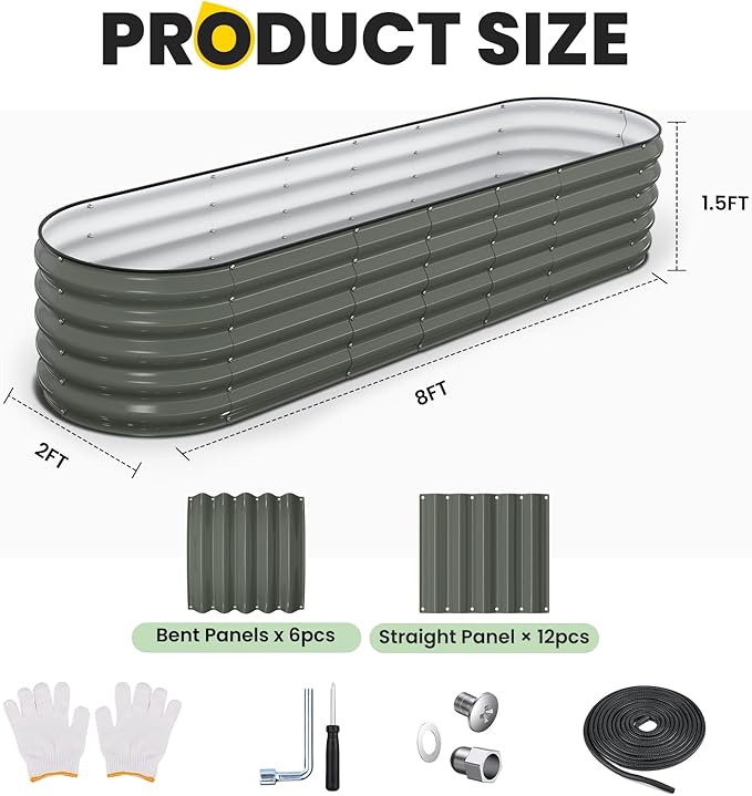 Raised Garden Bed, 8x2x1.5 FT Oval Raised Garden Beds Outdoor, 18” Raised Beds for Gardening Vegetables Flower Herb