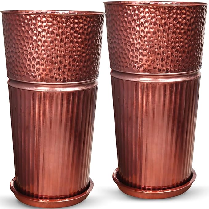 2 Pcs Pack Metal Tall Tapered Planter Pots Large Round Planter Flower Pot with Drainage Holes for Indoor Outdoor Deck Porch Garden Home Patio Front Door (Glossy Copper, Small)
