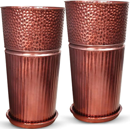 2 Pcs Pack Metal Tall Tapered Planter Pots Large Round Planter Flower Pot with Drainage Holes for Indoor Outdoor Deck Porch Garden Home Patio Front Door (Glossy Copper, Small)