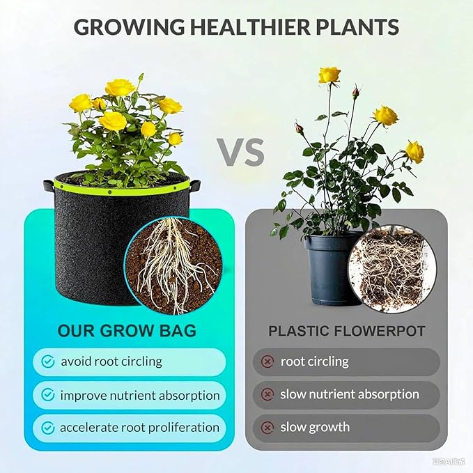 Grow Bags 6 Pack 2MM 400G More Heavy Duty Thickened Nonwoven Garden Plant Fabric Pots (Black, 5 Gallon)