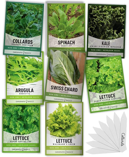 Gardeners Basics, 8 Leafy Garden Greens Seeds for Planting Individual Packets - Arugula, Collards, Spinach, Swiss Chard, Kale, Lettuce, Leafy and Butter Lettuce Seeds for Your Heirloom Salad Garden
