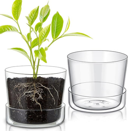 2 Sets 6 Inch Glass Planter with Drainage Hole and Tray Indoor Clear Plant Pots with Saucer Modern Decorative Orchid Glass Pot for Outdoor Flower Plants