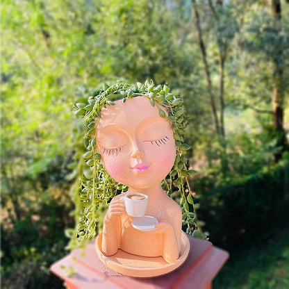 Face Planter Pots, Resin Face Planter for Indoor/Outdoor Plants,Head Planter with Drainage Hole/Removable Saucer,Girl Holding Coffe (Coffee, Skin)