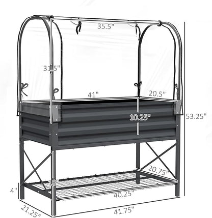 Outsunny Raised Garden Bed with Cover and Storage Shelf, Rectangular Metal Elevated Planter Box with Legs and Bed Liner for Vegetables, Flowers, Herbs, Dark Gray