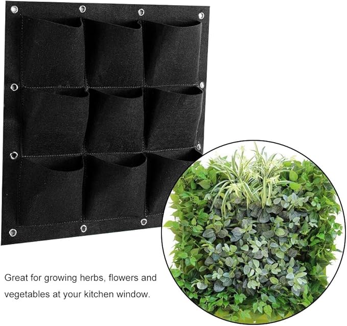Plant Pocket, 9 Pocket Vertical Greening Hanging Wall Garden Grow Plant Bags Planter, Great for Growing Herbs, Flowers and Vegetables at Window(Black)