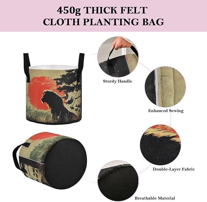 Fabric Plant Grow Bags Lion Sunset Print, 3 Gallon Planting Pots Thickened for Gardening
