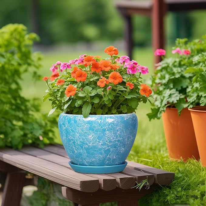 Indoor Plant Pots 10 Inch - Ceramic Planter for Outdoor Plants, Decorative Round Planter with Drainage Hole and Saucer, Flower Pots Outdoor, Apartment Decor, House Warming Gift, Bubble Blue