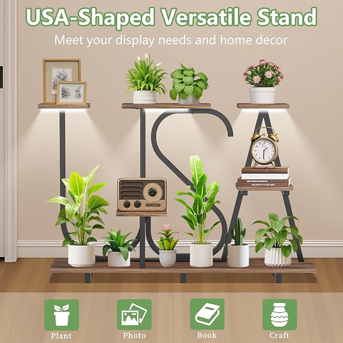 Plant Stand Indoor with Grow Lights - Enlarged 6 Tiered Plant Shelf with Grow Light, 32" USA-Shaped Plant Stand Holds 12 POTS Indoor Plants, Metal Plant Shelf for Home, Living Room, Patio