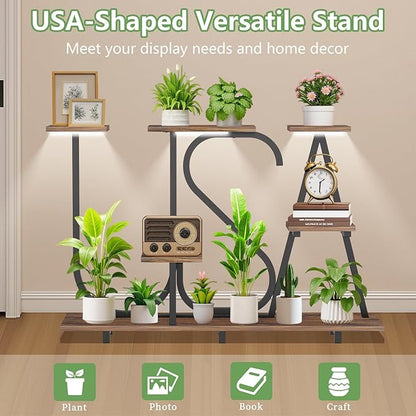 Plant Stand Indoor with Grow Lights - Enlarged 6 Tiered Plant Shelf with Grow Light, 32" USA-Shaped Plant Stand Holds 12 POTS Indoor Plants, Metal Plant Shelf for Home, Living Room, Patio
