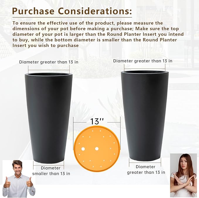 2Pcs Round Planter Insert, 10" Orange Planter Insert, Durable Plastic Disk with Drainage Holes for Place Inside Planters to Use Less Potting Soil for Tall Flower Pots Plant Containers (13inch)