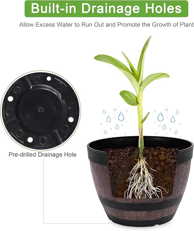 VECELO Plant Pots with Drainage Holes & Saucer, 11.3 Inch Flower Pots with Tray, 4 Pack Plastic Whiskey Barrel Planters for Indoor & Outdoor Garden Home Plants and Flowers