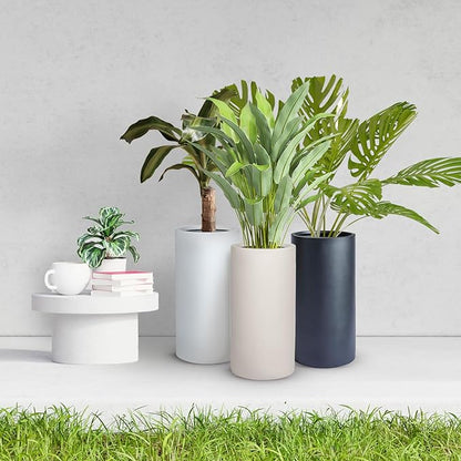 19.5" H x 9.8" D Tubo Fiberstone Cylinder Tall Planter with Drainage Hole, Smooth Finishes, Weather Resistant, Included 2 Extra Coco Mats (Light French Gray, 8.2" Pot Opening)