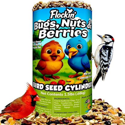 Bugs, Nuts & Berries Bird Seed Cylinders with Hole – Wild Bird Food for Blue Birds, Woodpeckers, Cardinals & More – Premium Protein-Rich All Natural Blend, No Fillers – USA Made (4" x 7.75")