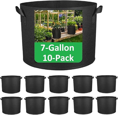 7-Gallon Grow Bags, (10 Pack) Thickened Aeration Fabric Growing Pots Planters with Handles for Planting Vegetables Plants, Black