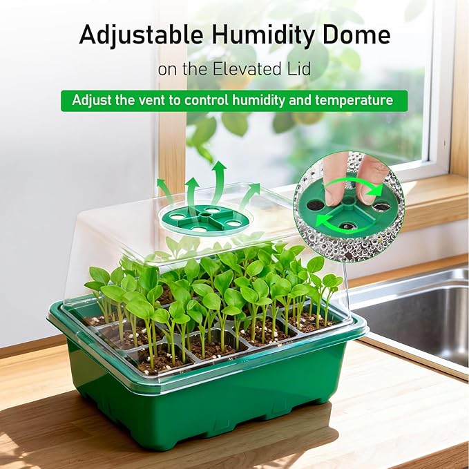 MIXC Seed Starter Tray with Elevated Lid, 120 Cells Seed Starter Kit with Adjustable Humidity Dome, Drainage Hole, Clear Heightened Lids for Indoor Outdoor Greenhouse Gardens, 10 Pack, Green