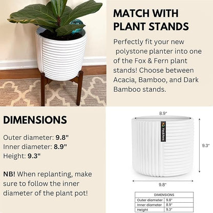 Fox & Fern 10 Inch Plant Pot with Drainage Plug — Premium Polystone White Plant Pot - Modern Planter with 3D Texture and Ceramic Finish - 10 Inch Pots for Plants Indoor & Outdoor