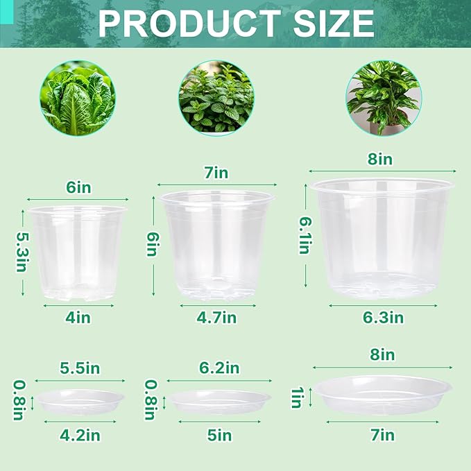 8/7/6 Inch Clear Nursery Pots with Drainage and Trays, 9 Pack Large Plastic Pots for Plant, Seedling Starter Pot, Garden Pots for Succulents Flower Vegetables Herb