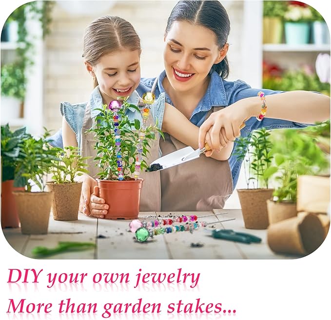 MTLEE 101 Pieces Garden Stakes Decorative Beaded Garden Stakes with Crystal Stopper Top Round Glass Bead Antique Silver Bail with Pendant Silver Bead for Outdoor Decoration (Vintage Style)
