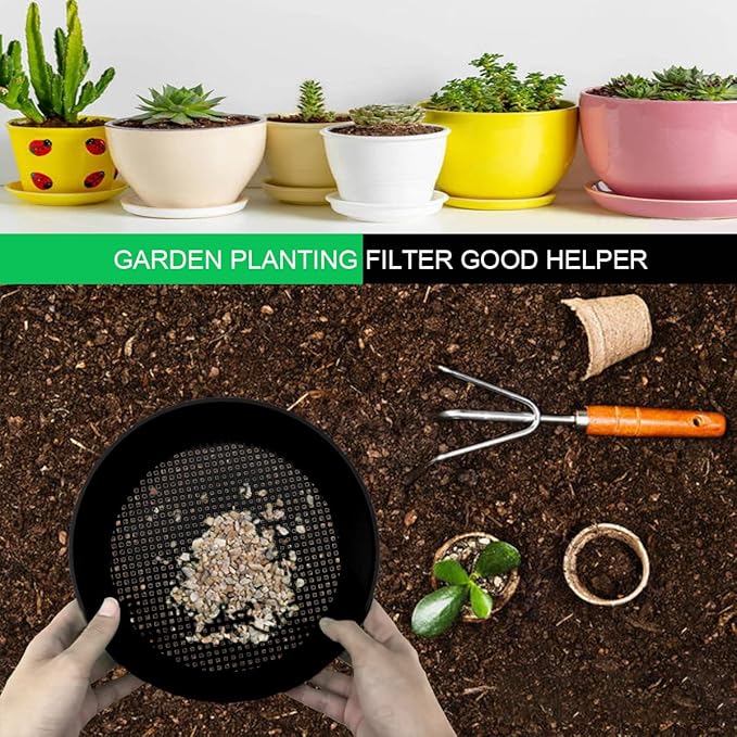 2 Pcs Round Garden Soil Sieve Pan with Handle Sand Sifter Set for Sieve Work of Small Gravel, Soil, Sand（Black）