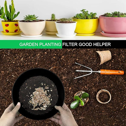 2 Pcs Round Garden Soil Sieve Pan with Handle Sand Sifter Set for Sieve Work of Small Gravel, Soil, Sand（Black）