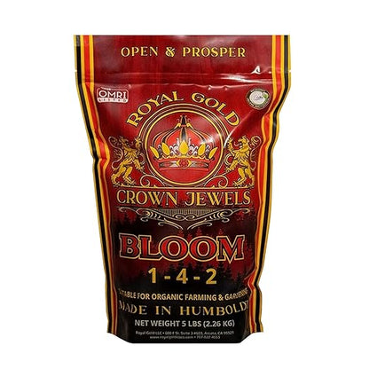Royal Gold Crown Jewels Organic Bloom 1-4-2 Dry Soluble Fertilizer, 5 lbs - for Feeding Flowering Crops to Produce Vigorous Blossoms and Optimal Plant Development