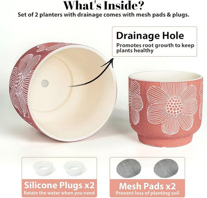YBX 8 Inch + 6 Inch White Flower Pattern Plant Pots, Sand Glazed Ceramic Planter with Drainage Hole, Flower Pots for Indoor Plants, Red