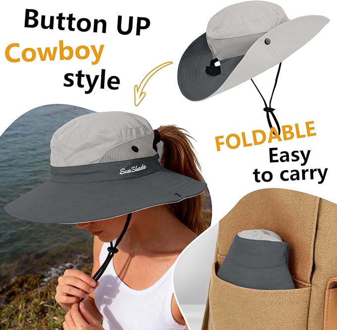 ZOORON Women's Ponytail Safari Sun Hat,Wide Brim UV Protection Outdoor Bucket Hat,Foldable Beach Summer Fishing Hat
