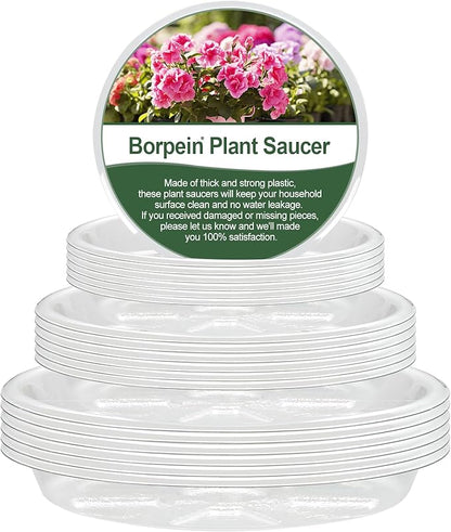 BORPEIN Plant Saucer (8,10,12inch, 18 Pack) Clear Plastic Plant Trays for Pots Indoors Outdoors,Thicker Flower Pot Saucers, Plant Plate to Catch Water