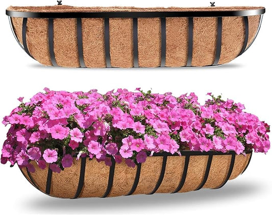 2pcs 30' Planter, Metal Window Box with Coco Liner, Wall Planter for Outdoor Indoor Balcony, Rustic Horse Trough Style