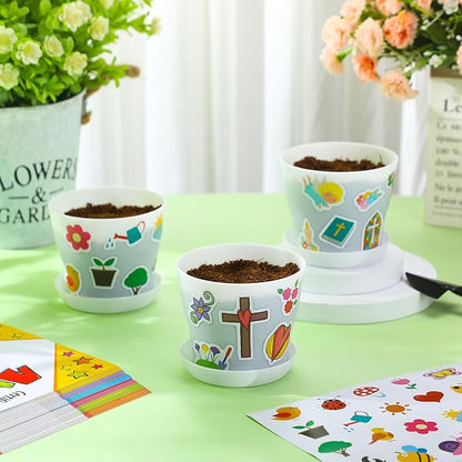 Domensi 30 Set Flower Pot Craft for Kids Bulk Spring Craft 4 Inch Garden Plastic DIY Plant Pot with Tray 30 Sheet Christian Sticker and 30 Certificates Card for Classroom School Mother's Day(White)