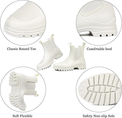 DKSUKO Rain Boots Women Waterproof Chelsea Boots Ankle Garden Shoes for Ladies Rubber Short Rainboots with Removable Comfort Insole for Outdoor Work Deck Mud Boots