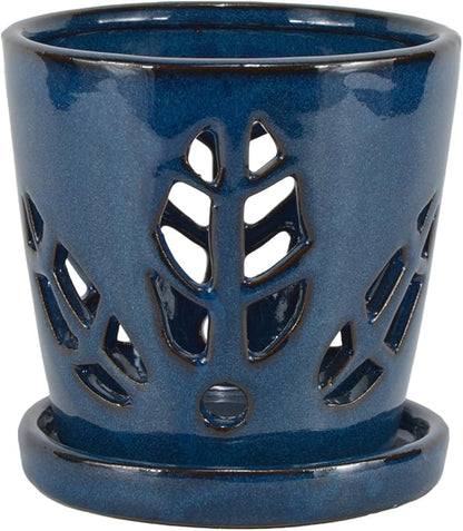 W&W Orchid Pot with Holes and Saucer for Repotting, Blue, 5.5 Inch