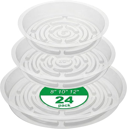 CATIFLIN 24 Pack Clear Plant Saucers - 8, 10, 12 Inch Plastic Plant Trays for Pots, Flower Pot Saucers, Indoor & Outdoor Planter Drip Tray for Water Drainage & Protection