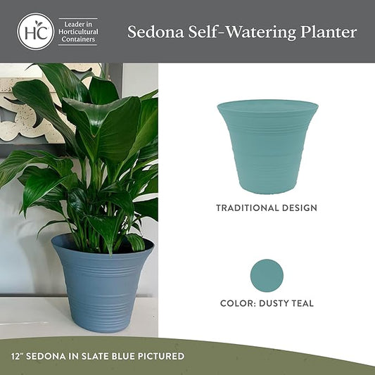 The HC Companies 19 Inch Sedona Round Self Watering Planter Pots, Lightweight UV-Resistant Plastic Indoor & Outdoor Planters, 2-Pack Flower Pots for Garden & Home Decor, Dusty Teal