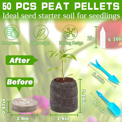 ZeeDix 50 Pcs 40mm Peat Pellets Seed Starter Soil Pods Plugs for Vegetable, Compressed Peat Nutrient Seedling Soil Block for Planting Easy Transplant with 50 Plant Labels & 2 Garden Tools