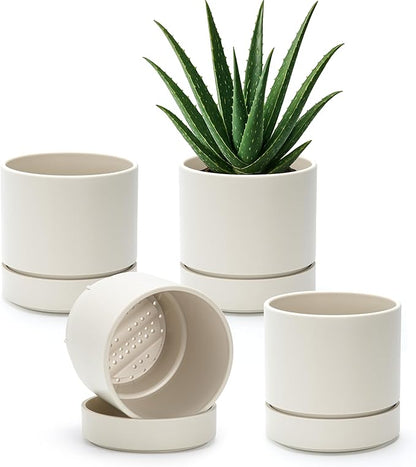 Phoenix Vine 6 Inch Planter Pot with Drainage Hole & Saucer, Deep Water Catch Tray, Straight Cylindrical Round Pot for Plants, Oatmeal, Pack of 4, 23-E-S-4