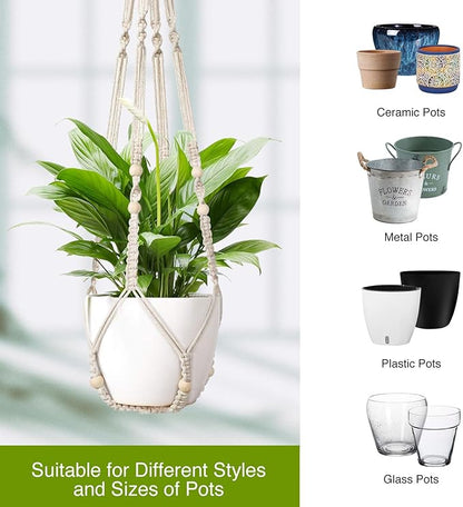 Macrame Plant Hanger Indoor Set of 2 with 4 Hooks, Indoor Outdoor Hanging Planter for Plants Holder with Decorative Wood Beads & No Tassels, Boho Home Decor, 35 Inch Ivory (Pots Not Included)