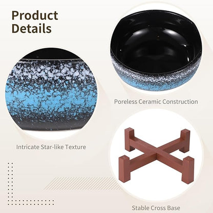 Lotus Bowl Planter with Cross Base, Ceramic Water Plant Bowl, Indoor Lotus Flower Pot with Starry Texture, Leakproof Bonsai Bowl, Hydroponic Planter for Aquatic Plants, Lilies, and Succulents