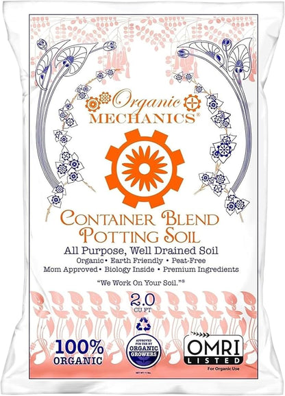 Organic Mechanics Container Blend Potting Soil, 2 Cu Ft - All-Purpose, Peat-Free, Well-Drained Blend with Compost, Rice Hulls, and Worm Castings for Growing Annuals, Perennials, Woody Plants