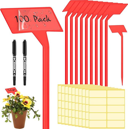 Marsui 202 Pcs Large Plant Labels Kit, Include 100 Outdoor Plastic Plant T Type Tags Waterproof Reusable Plant Markers Stakes, 100 PET Films and 2 Marker Pens for Herbs Pot (Red,11.8 Inch)